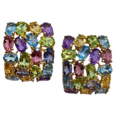 Natural Multi Gemstone Earrings 14K Gold Tanzanite Topaz Peridot Tourmaline