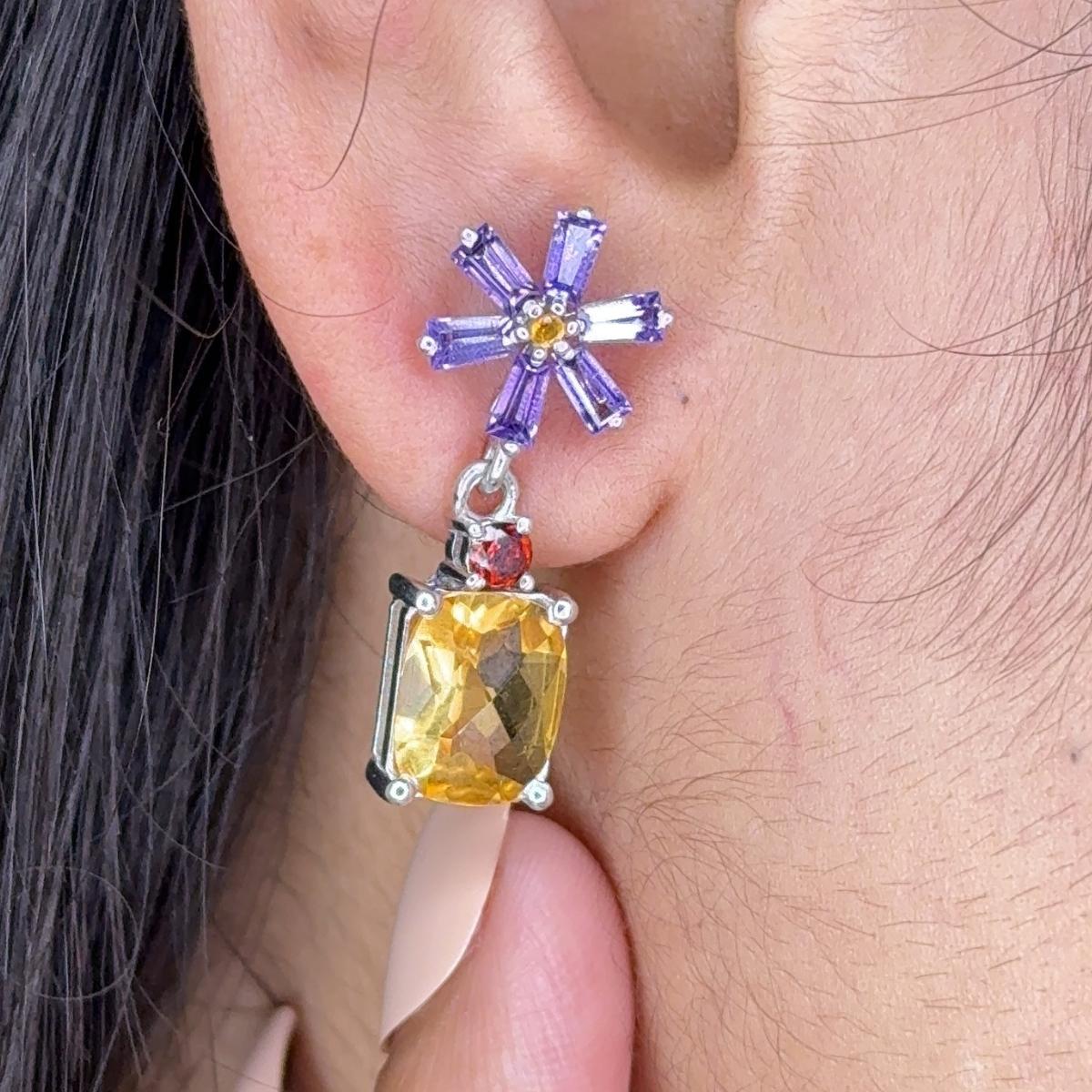 Mixed Cut Natural Multi Gemstone Flower Dorp Earrings for Mother Gift In Solid Silver For Sale