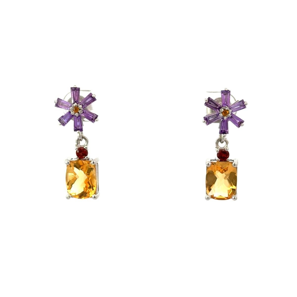 Natural Multi Gemstone Flower Dorp Earrings for Mother Gift In Solid Silver For Sale 2