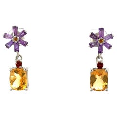 Natural Multi Gemstone Flower Dorp Earrings for Girlfriend Gift In Solid Silver