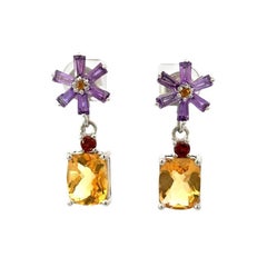 Natural Multi Gemstone Flower Silver Dorp Earrings for Valentine Day Gift