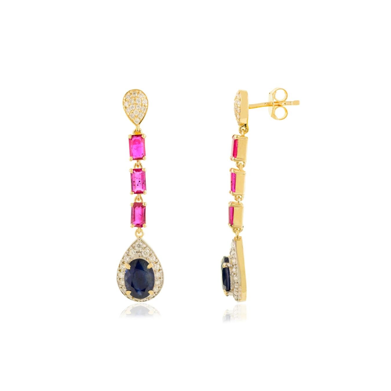 Art déco Longues boucles d'oreilles de mariage pendantes en or jaune 14 carats avec multi-gemmes naturelles en vente