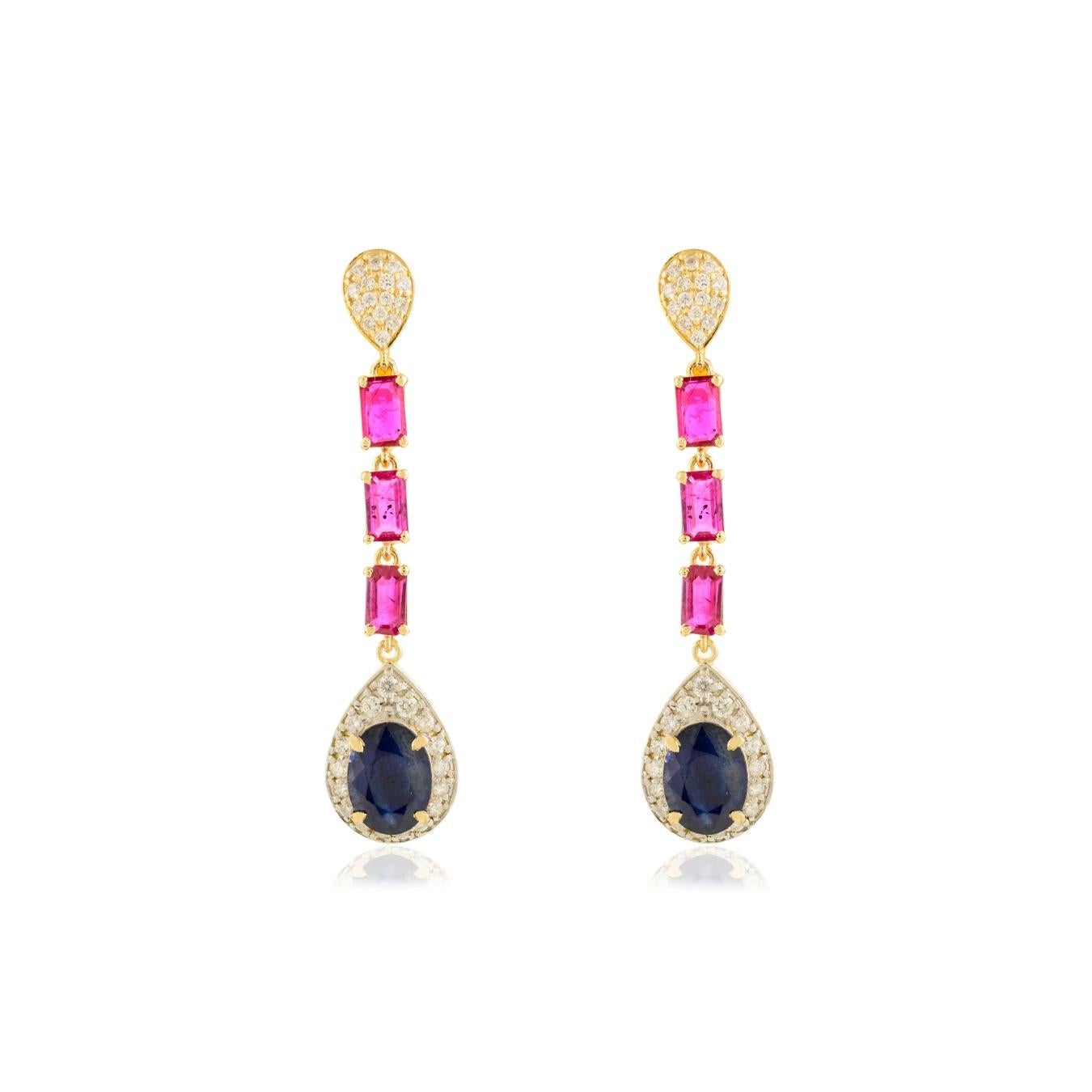 Longues boucles d'oreilles de mariage pendantes en or jaune 14 carats avec multi-gemmes naturelles en vente 1