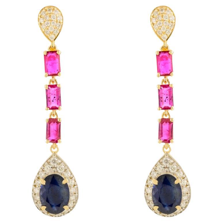 Natural Multi Gemstone Long Dangle Drop Wedding Earrings in 14k Yellow Gold