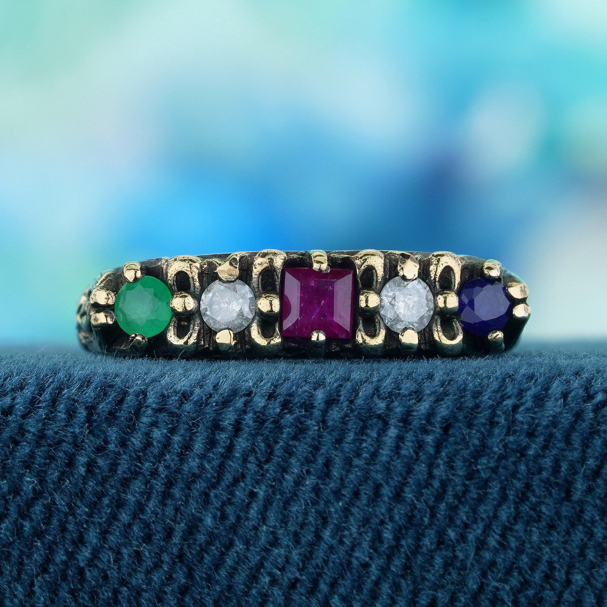 This ring embodies a vintage flair, showcasing intricate details and an ageless appeal. Its yellow gold setting provides a cozy and opulent base for the gemstones. Nestled at the core of the ring are half eternity of natural square ruby, round