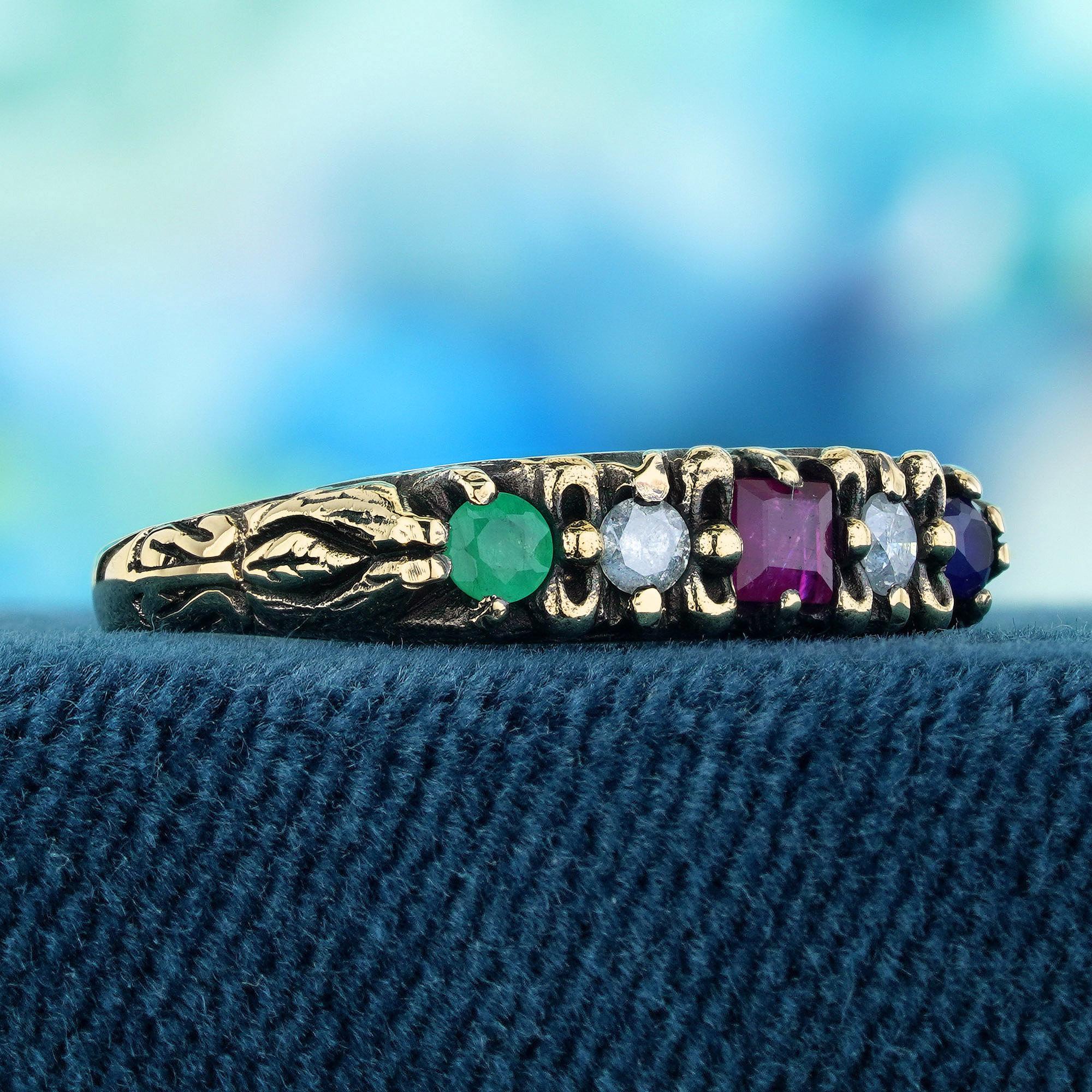 Edwardian Natural Multi Gemstones Vintage Style Ring in Solid 9K Yellow Gold For Sale