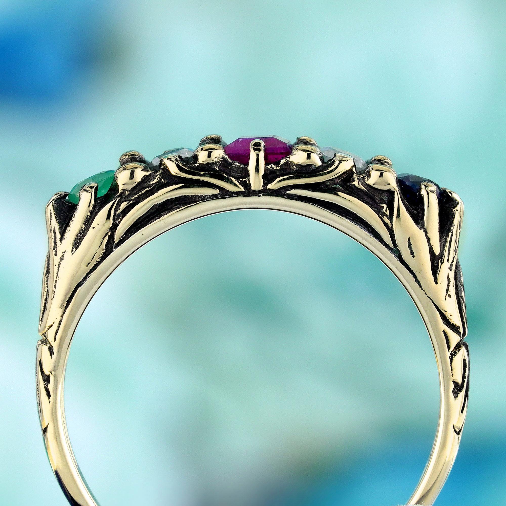 Natural Multi Gemstones Vintage Style Ring in Solid 9K Yellow Gold In New Condition For Sale In Bangkok, TH