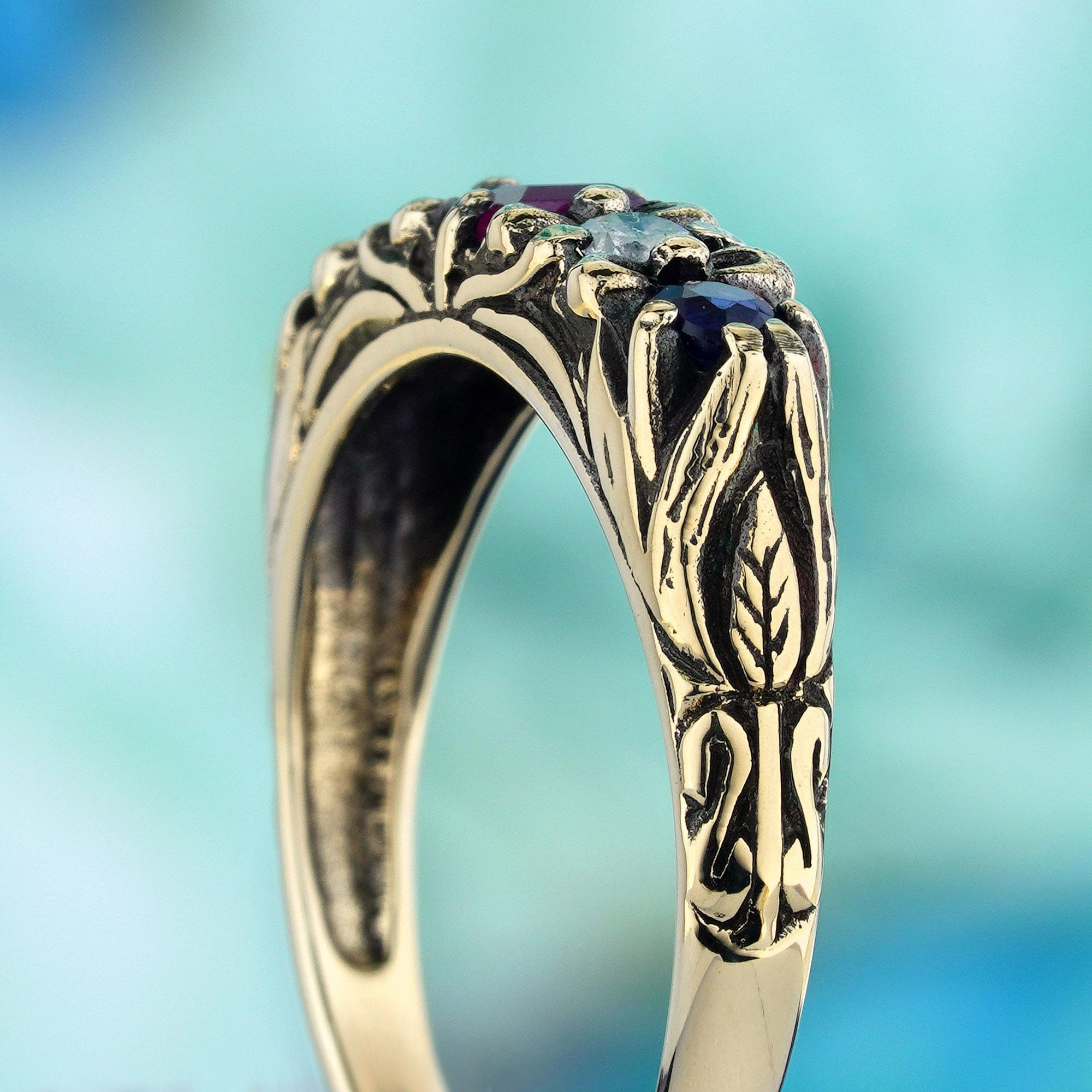 Women's Natural Multi Gemstones Vintage Style Ring in Solid 9K Yellow Gold For Sale