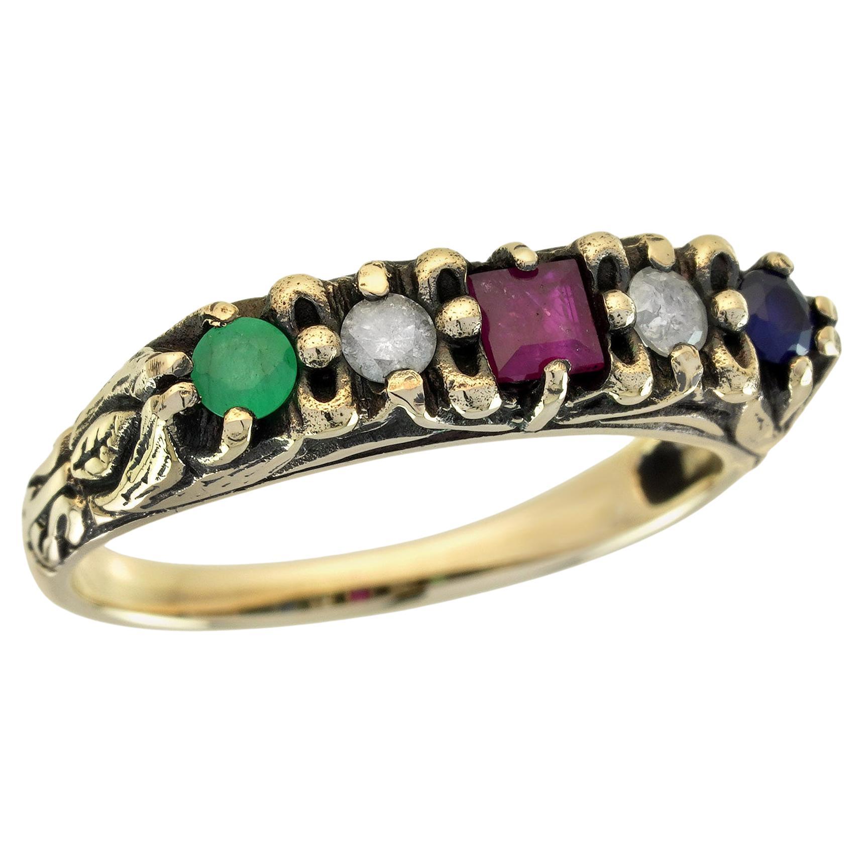 Natural Multi Gemstones Vintage Style Ring in Solid 9K Yellow Gold For Sale