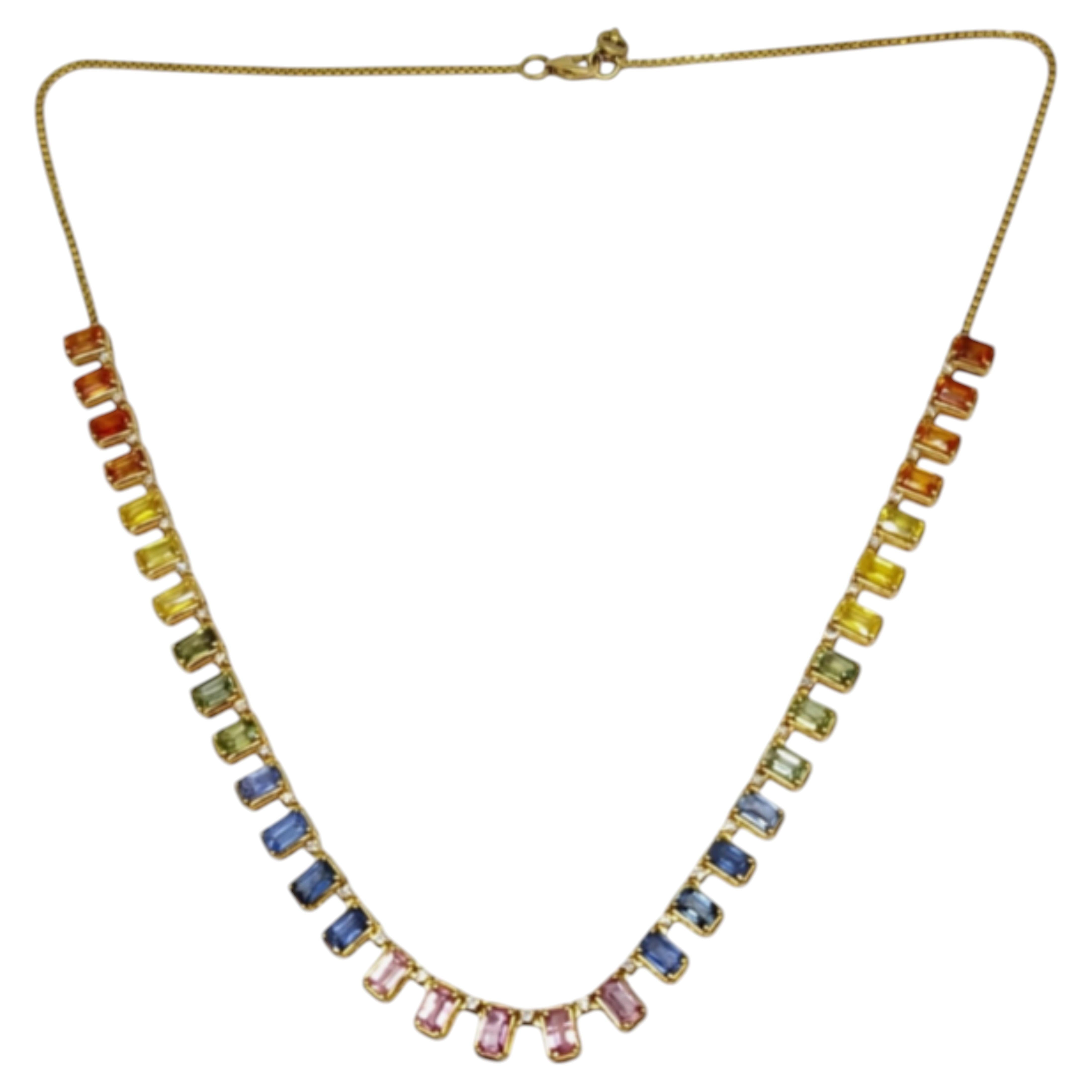 Natural Multi Sapphire 11.05CTS & 0.35CTS Diamond Necklace in 14k Gold For Sale