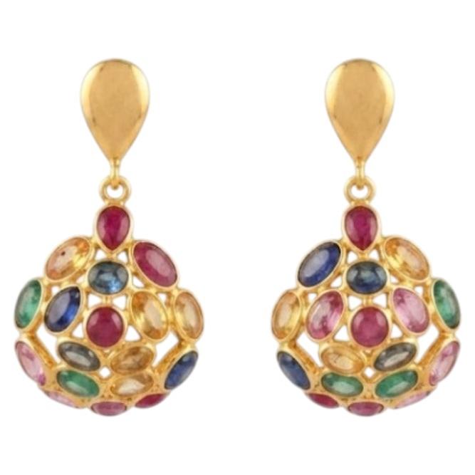 Natural Multi Sapphire 6.20CTS Earring in 18k Yellow Gold