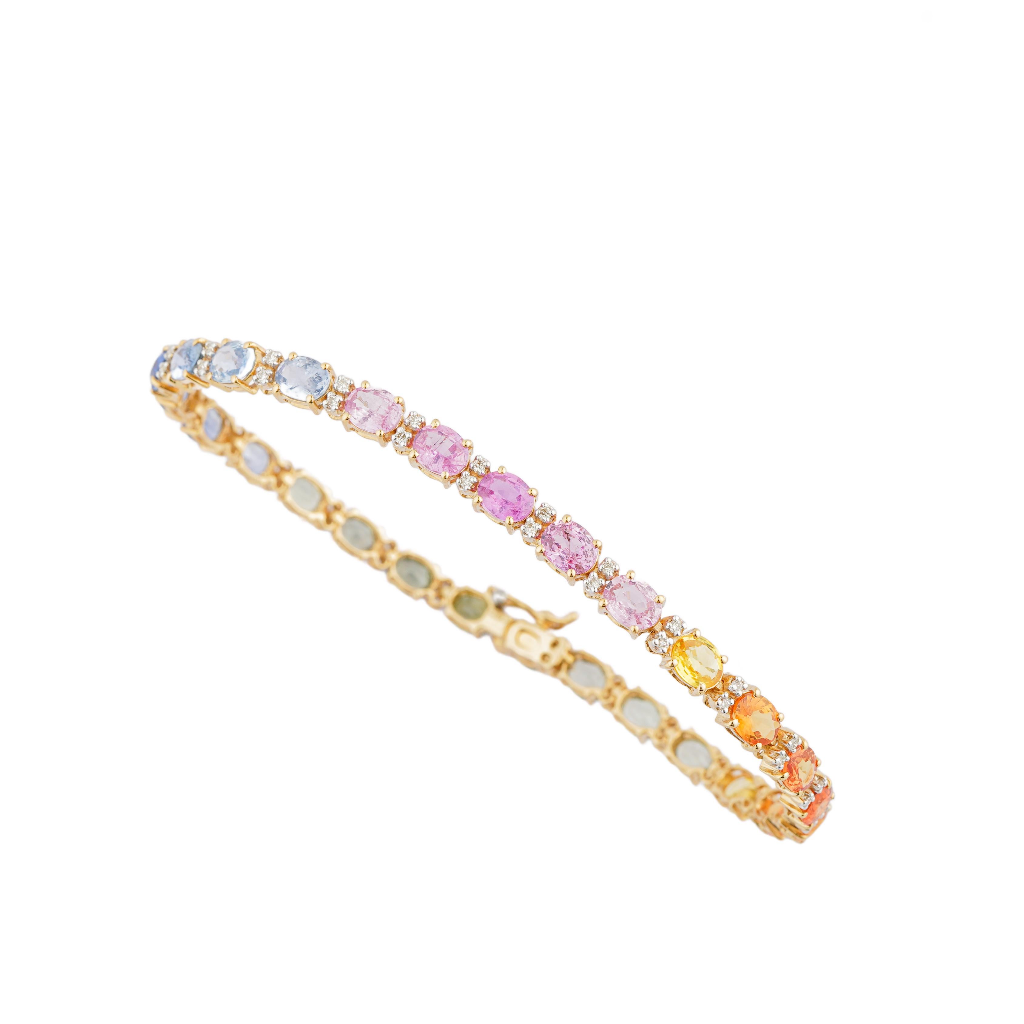 Pulsera de zafiro múltiple natural 6,98cts, diamante 0,36cts en oro de 18k Corte Asscher en venta