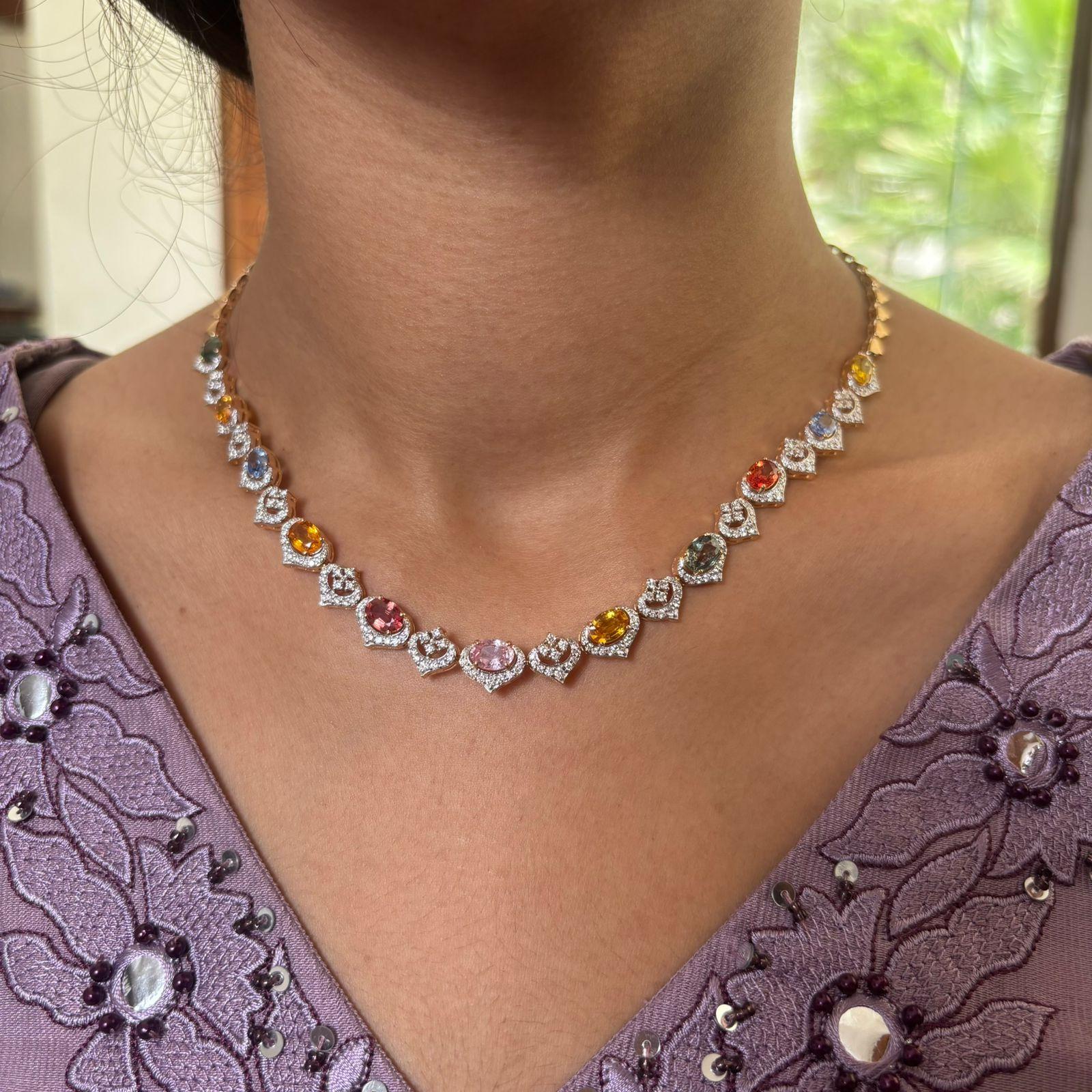 Asscher Cut Natural multi sapphire 8.85cts, diamond 2.50cts necklace in 18k gold For Sale