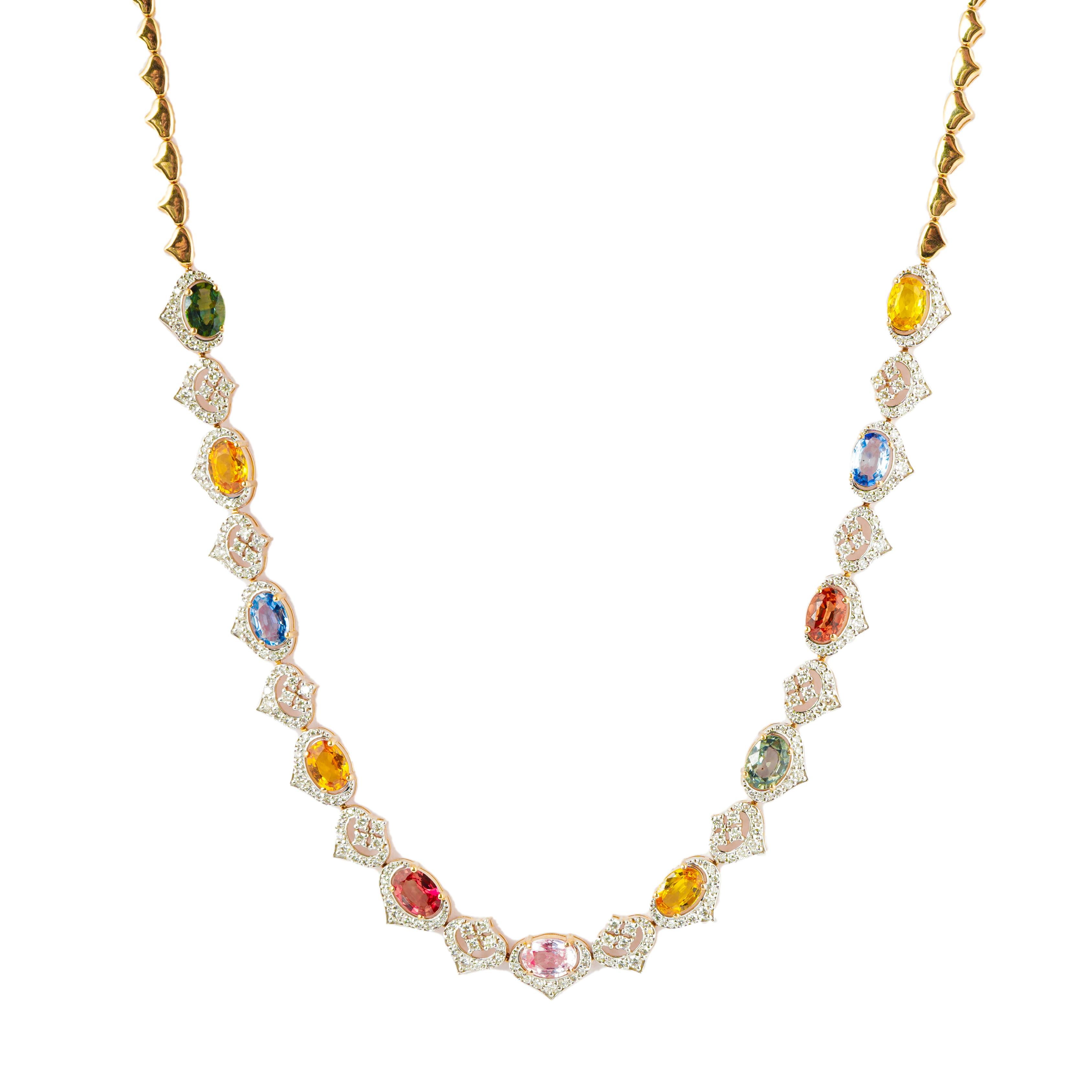 Women's Natural multi sapphire 8.85cts, diamond 2.50cts necklace in 18k gold For Sale