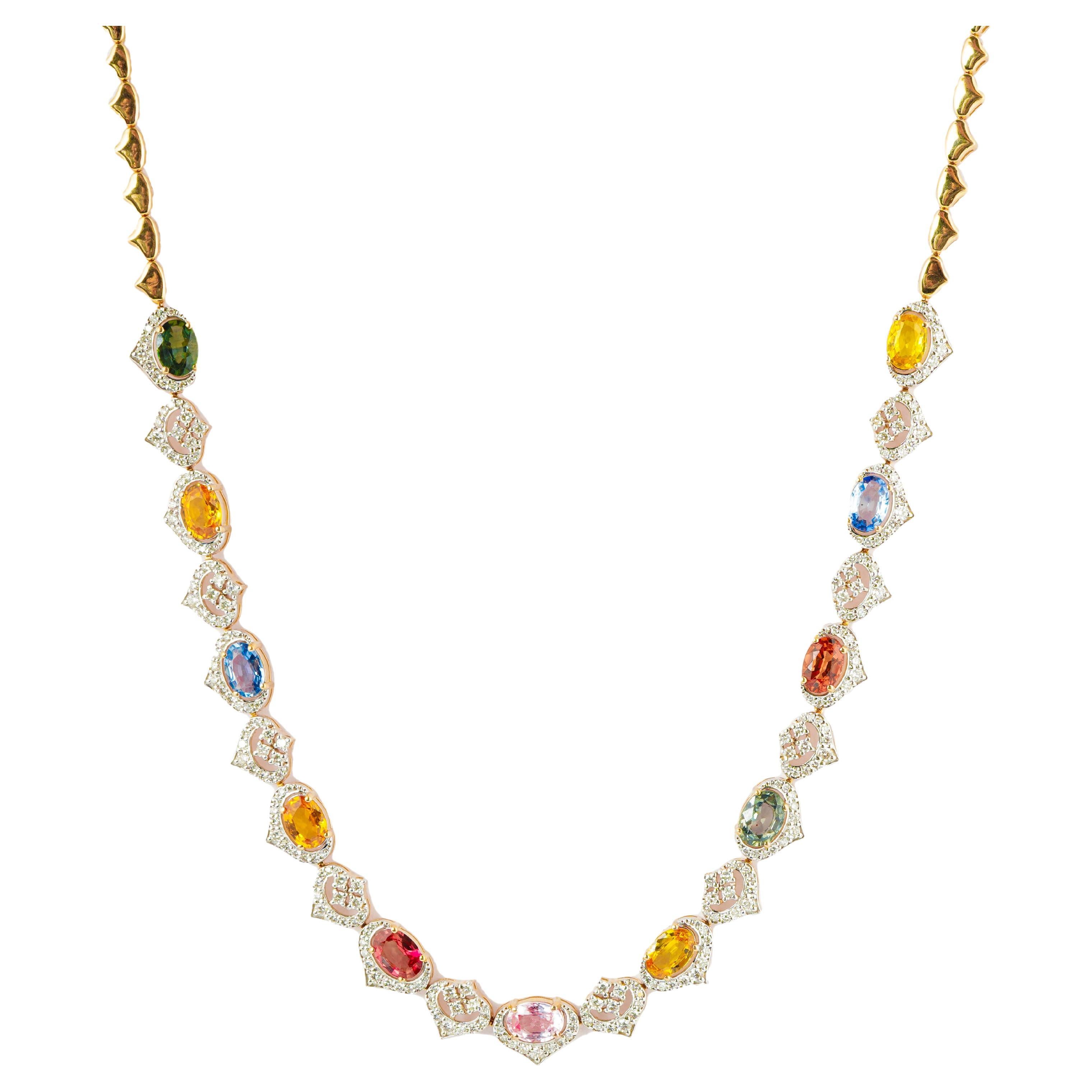 Natural multi sapphire 8.85cts, diamond 2.50cts necklace in 18k gold For Sale