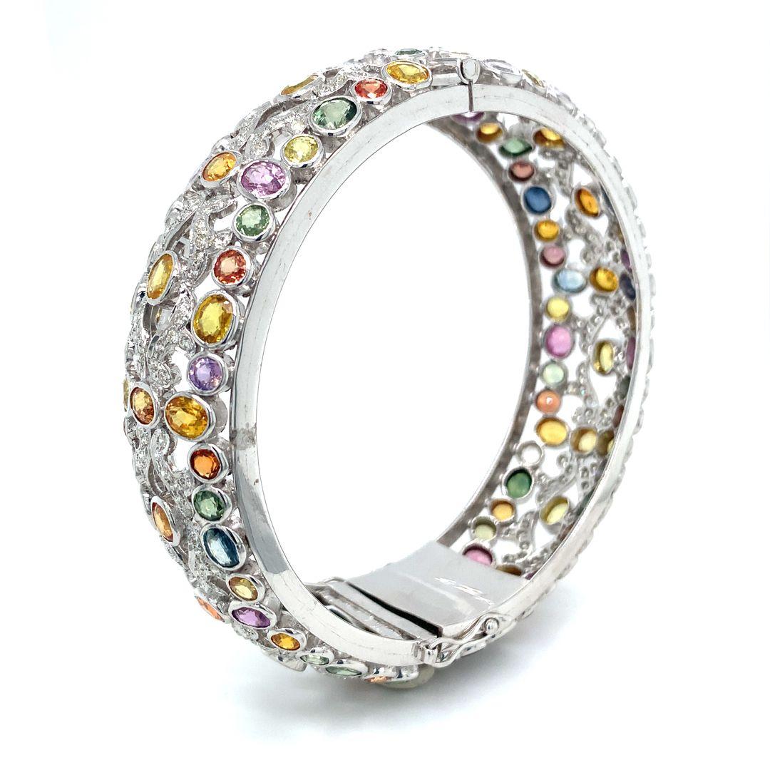 Oval Cut Natural Multi sapphire and Diamond Bangle For Sale