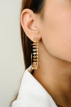 Natural Multi Sapphire and Diamond Big Hoop Earrings in 14k Solid Yellow Gold