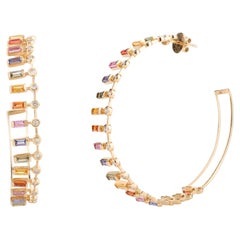 Boucles d'oreilles en or jaune massif 14k avec saphirs multiples naturels et diamants