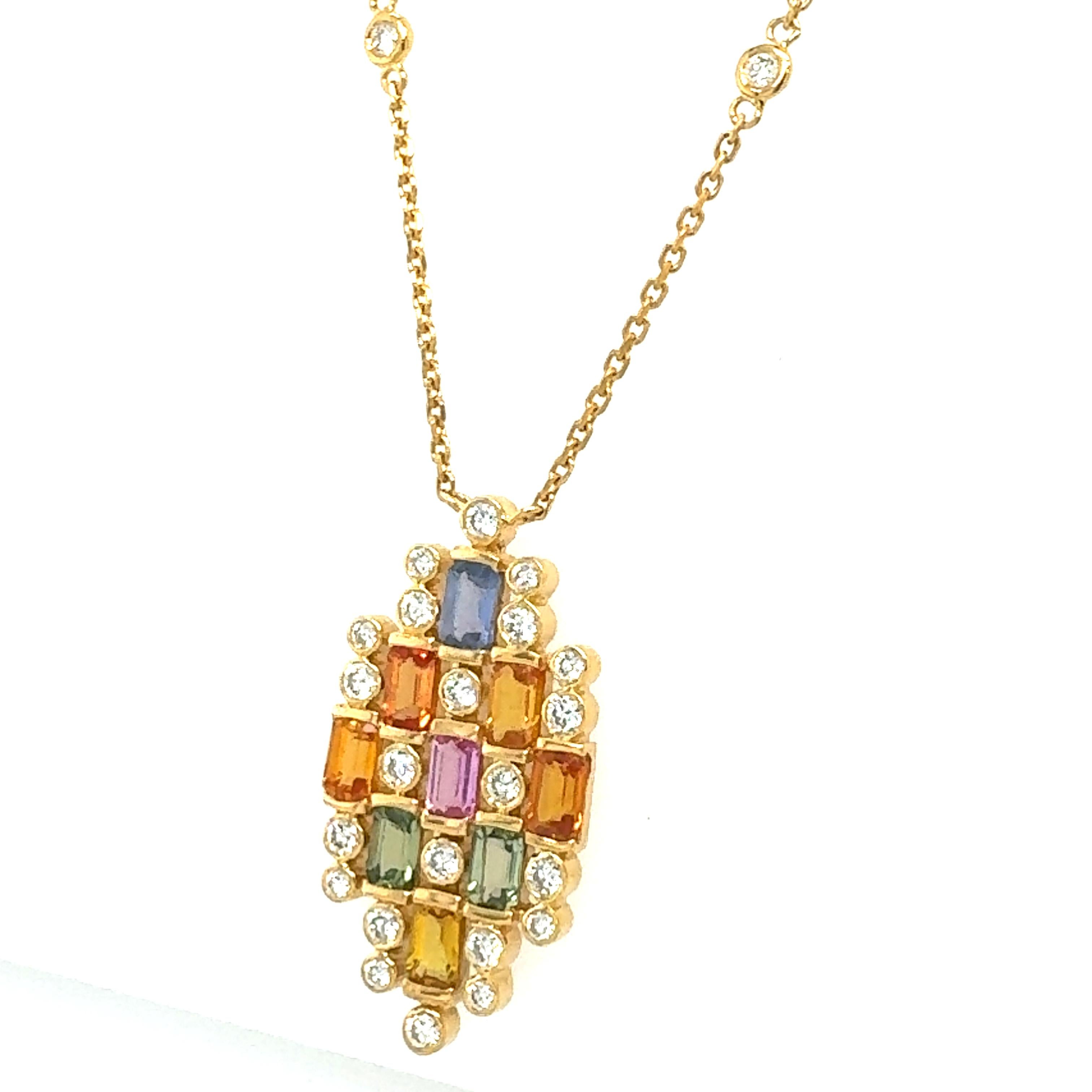 An gorgeous necklace made of 18-karat yellow gold, set with a natural 0.70-carat diamond and a 3.28-carat natural multi sapphire. The necklace's chain is made of diamond yard, and it is adorned with diamonds, and you are able to change the