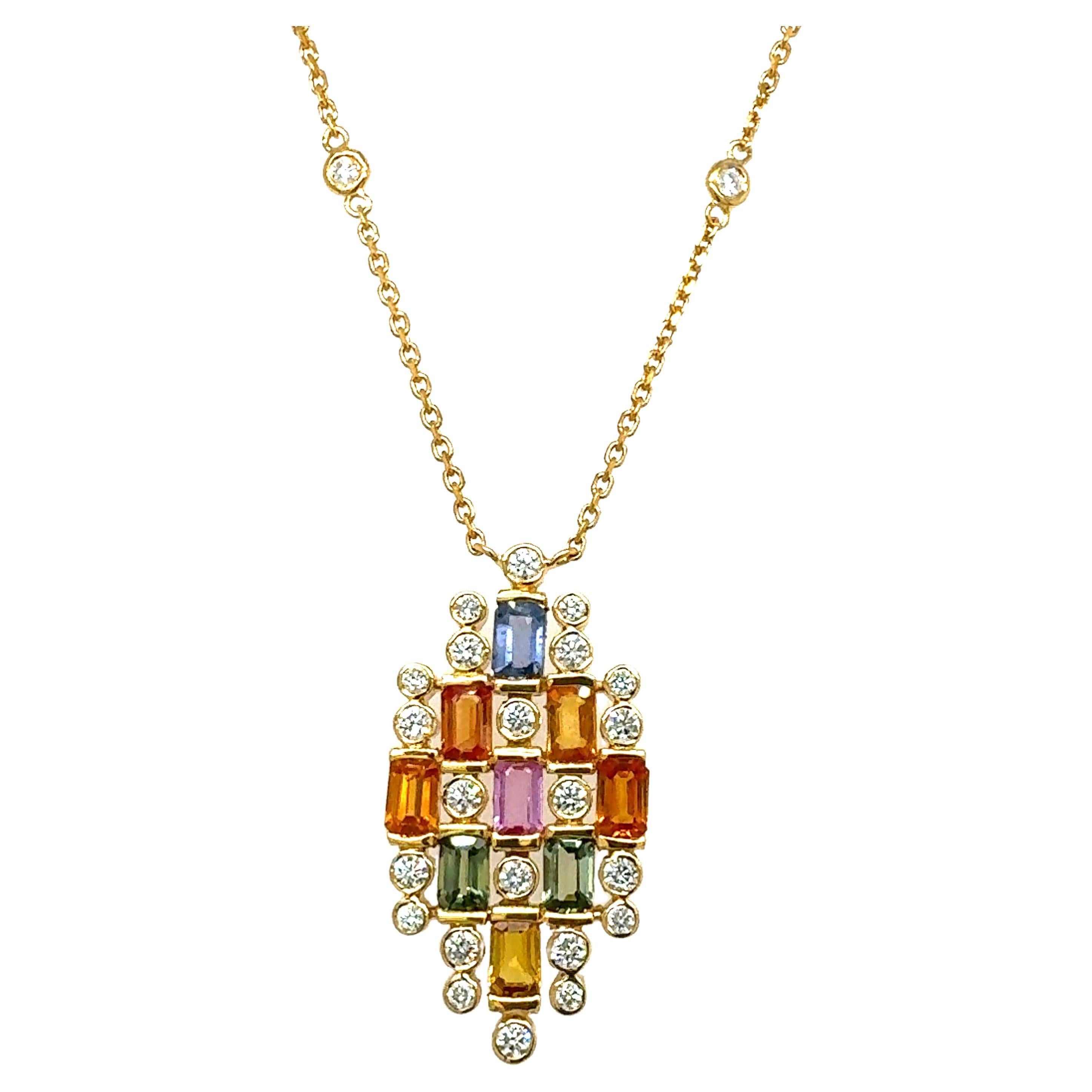 Natural multi sapphire and diamond necklace set in 18-Kt gold For Sale