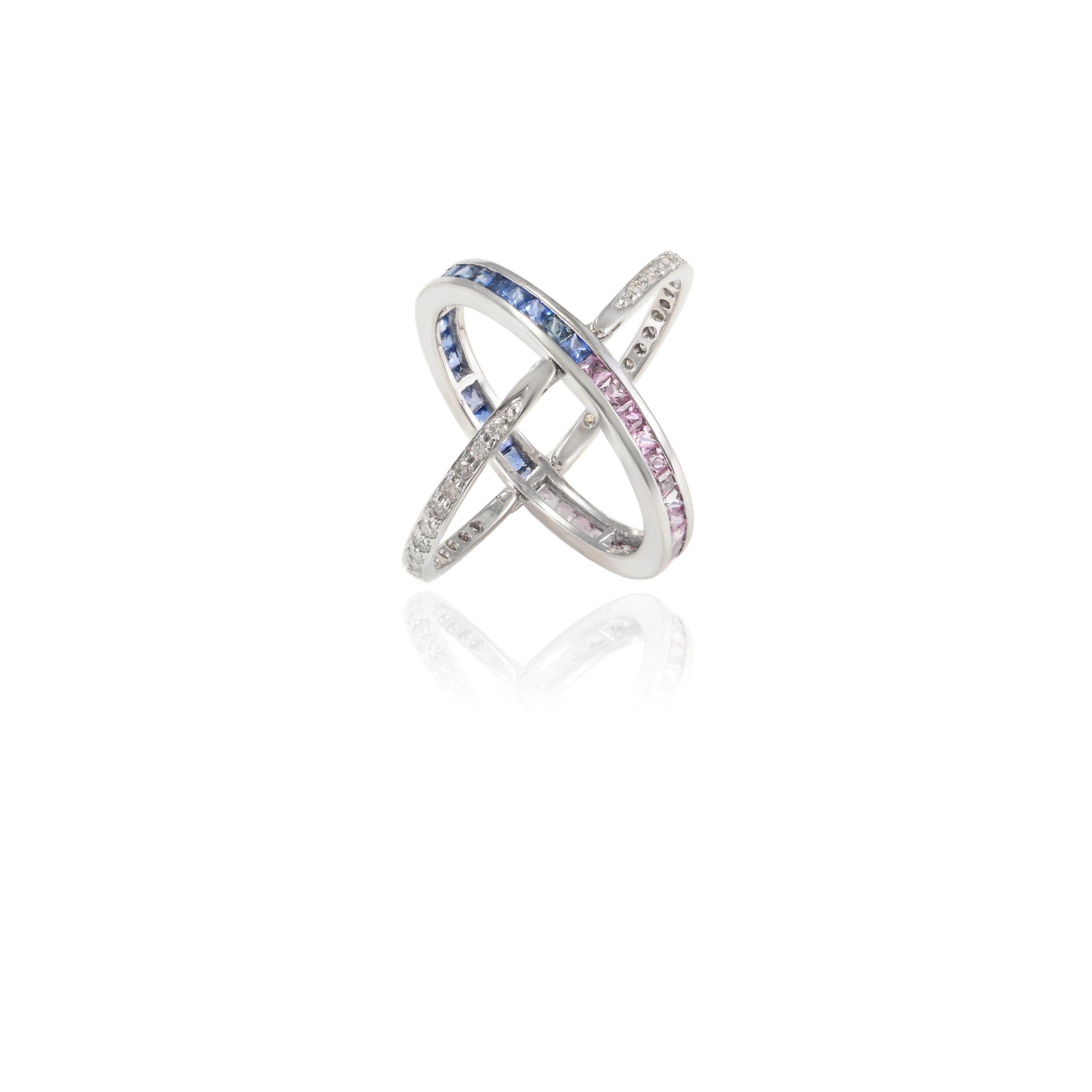 For Sale:  Natural Multi Sapphire and Diamond Reversible Ring 18k Solid White Gold 2