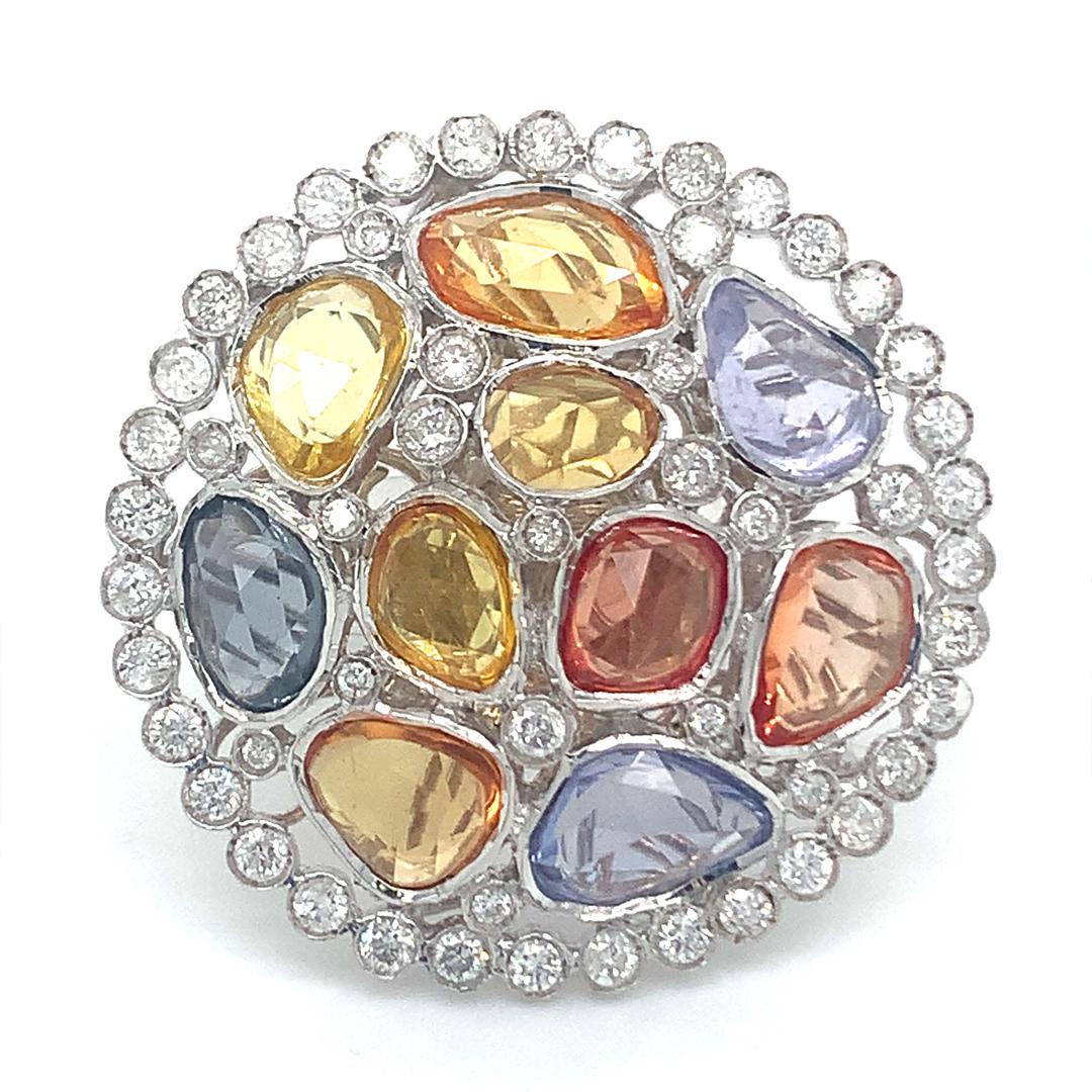 Natural 10.10 Carat multi sapphire and 1.62 Carat diamond ring set in 18 Kt white gold. 