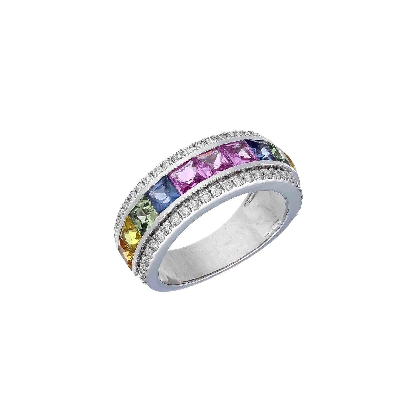 Mixed Cut Natural multi sapphire and natural diamond ring in 18k gold For Sale