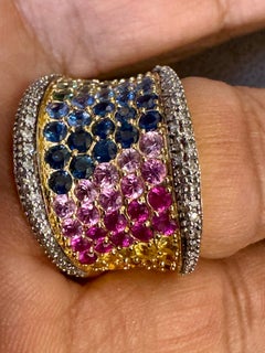 Multi zafiro natural Azul, Rosa Amarillo Verde Zafiro y Dia anillo en Oro de 14k