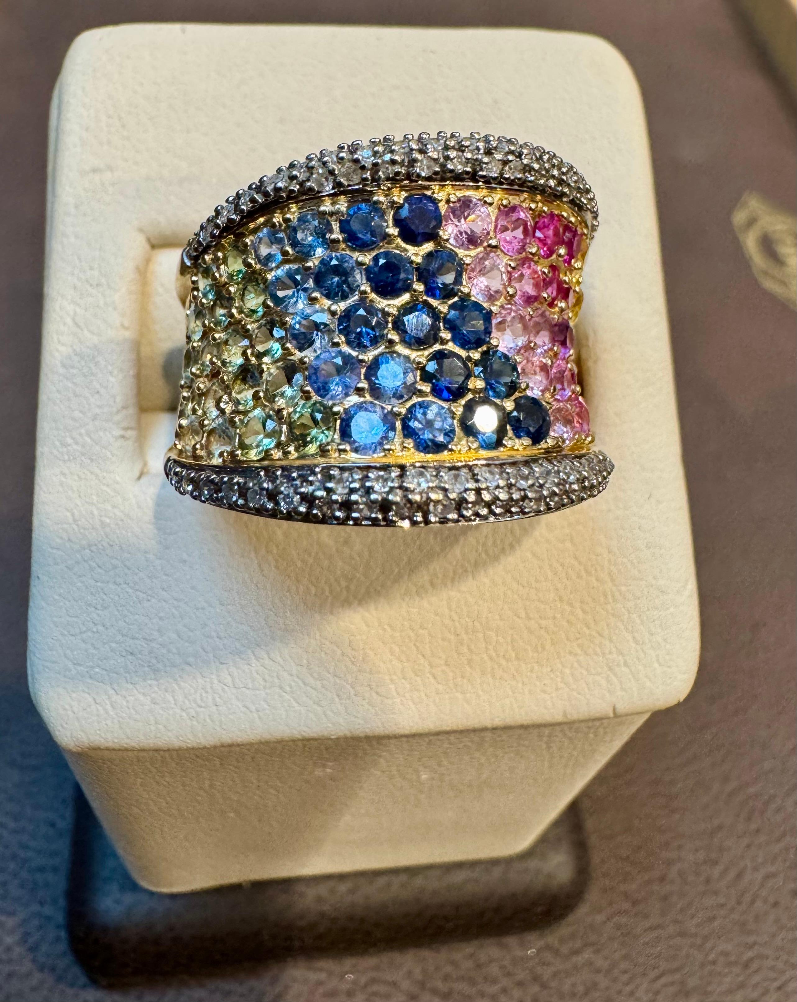 Donna Anello Nature Multi sapphire Blue, Pink Yellow Green Sapphire & Dia in oro 14k in vendita