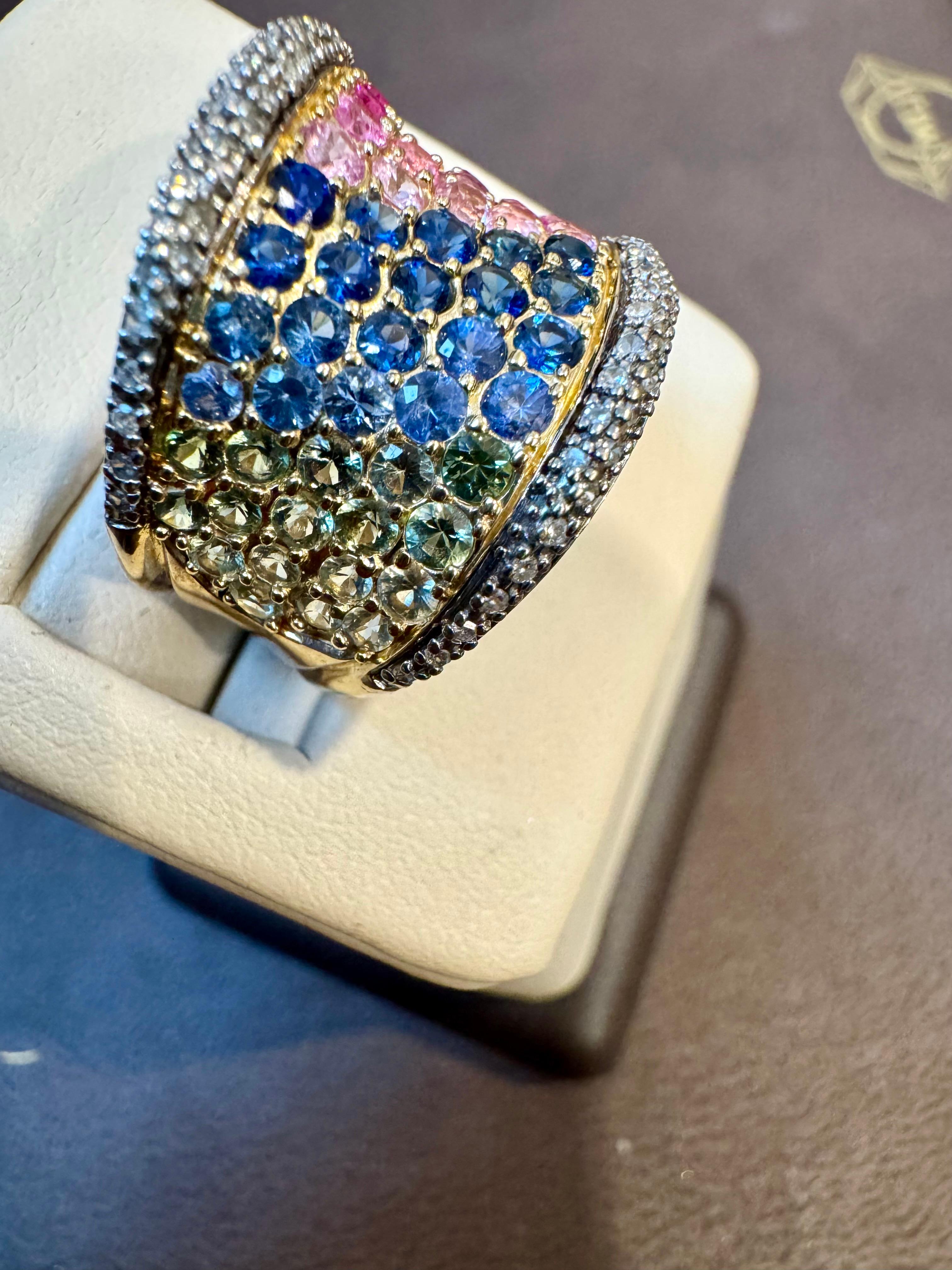 Anello Nature Multi sapphire Blue, Pink Yellow Green Sapphire & Dia in oro 14k in vendita 2