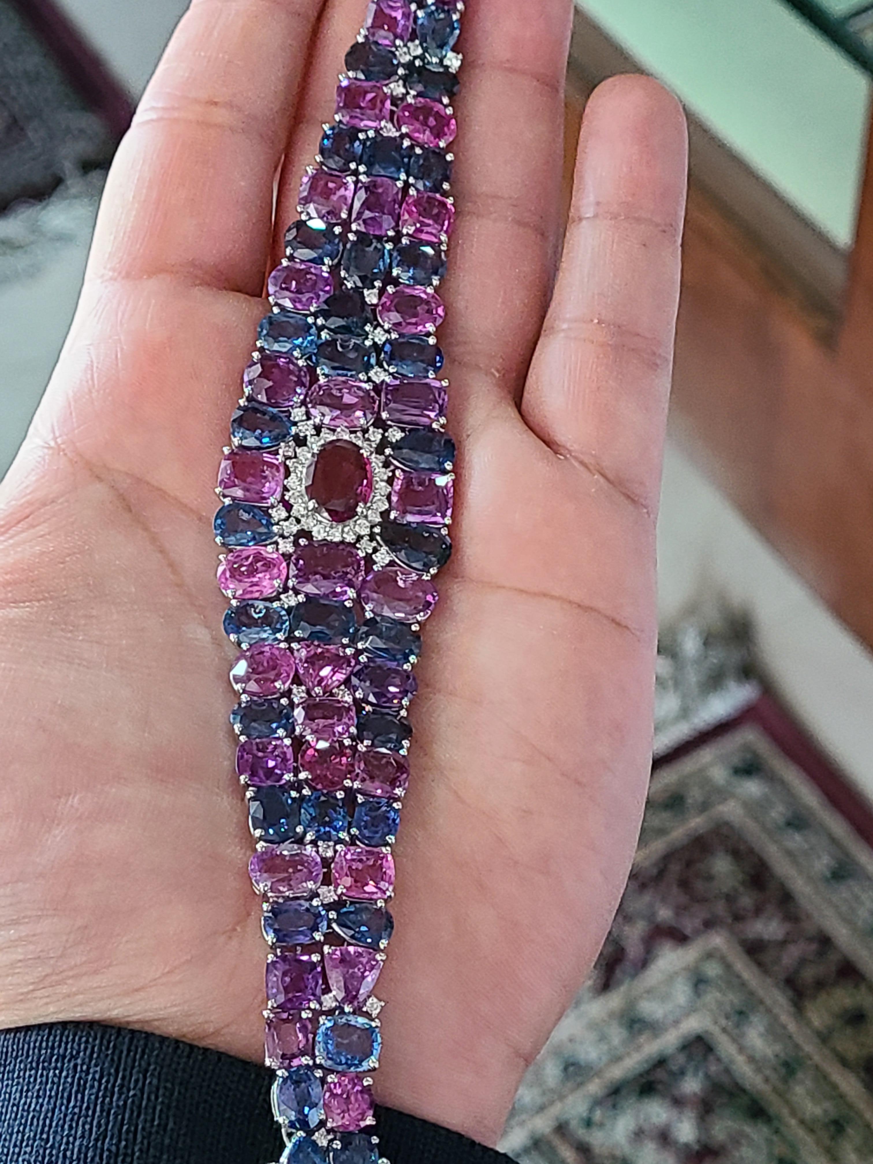 Women's or Men's Natural Multi Sapphire Bracelet Set in 18 Karat Gold with Diamonds