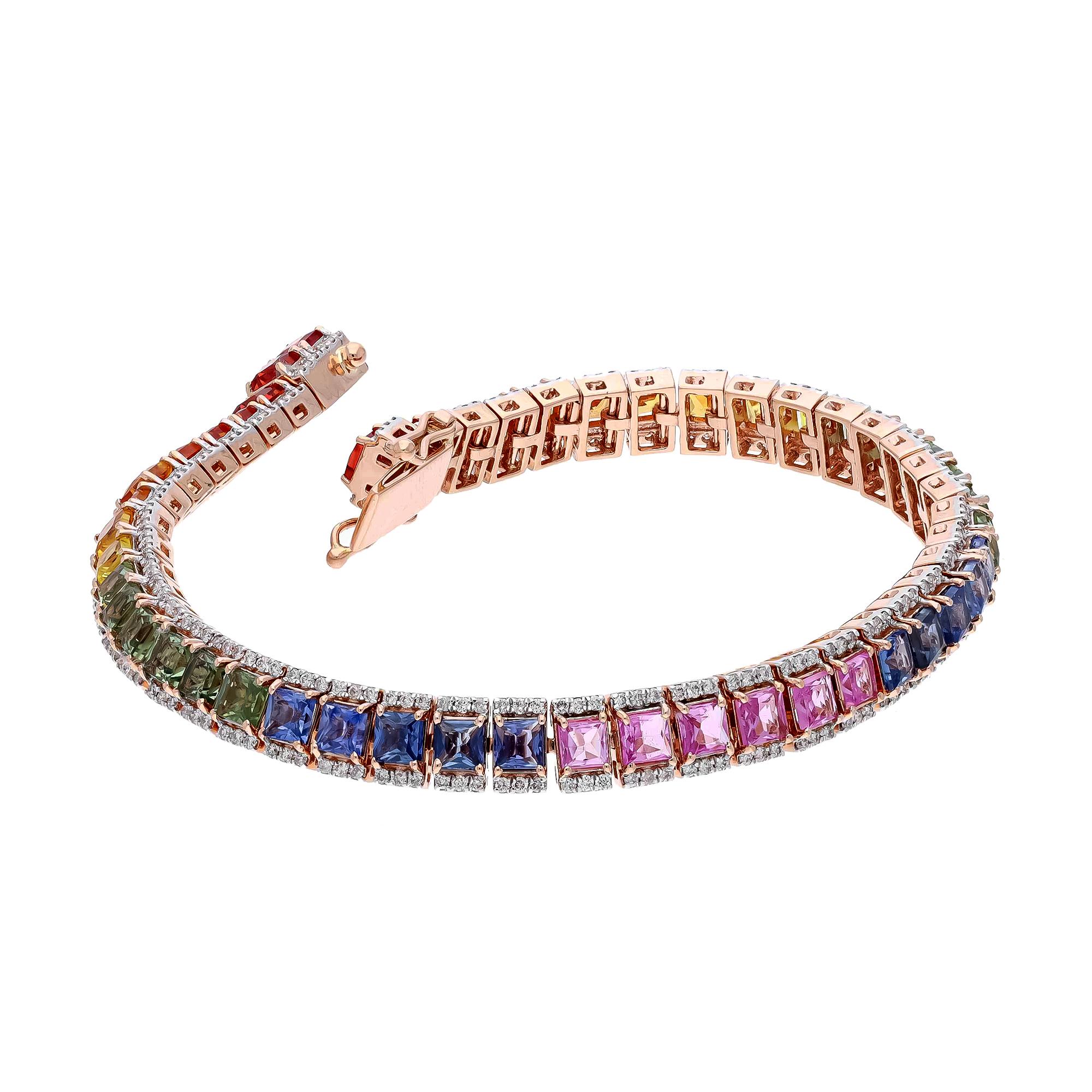 Mixed Cut Natural Multi sapphire bracelet with diamond in 18k gold For Sale