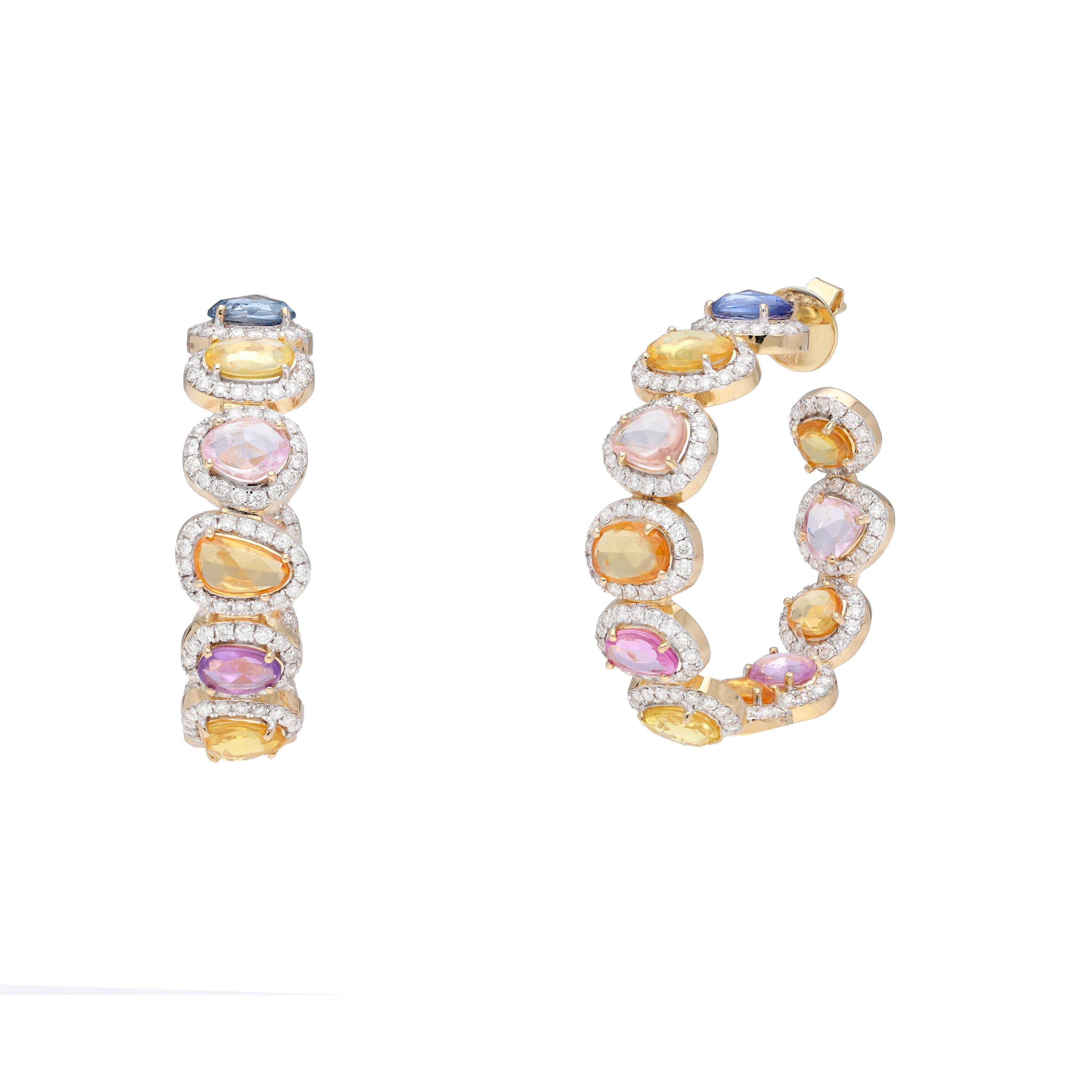 This is a natural Multi Sapphire Earring with Diamond in 14k gold. The multi sapphire are very high quality and very good quality diamonds the clarity is vsi and G colour

Multi sapphire : 12.14 carats
Diamond :3.46 carats
gold : 12.621 gm

This is