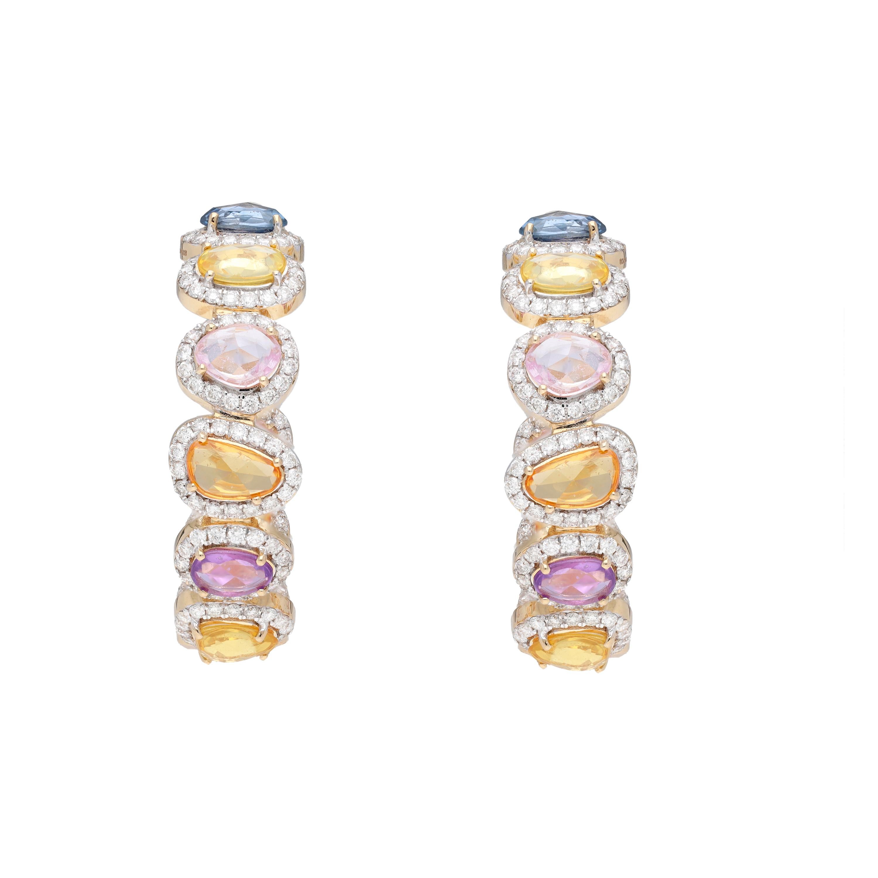 Mixed Cut Natural Multi sapphire & diamond earring 14k gold For Sale