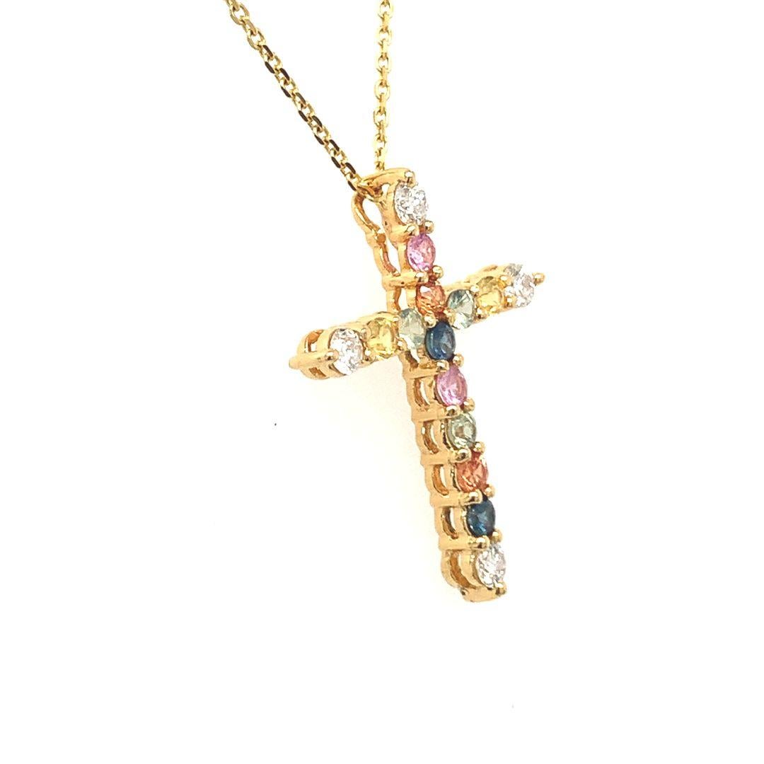 Natural 0.43 carat Multi sapphire and 0.18 carat diamond pendant set in 18 Kt yellow gold.
Gross Weight: 1 Grams 

Chain is not included. 
