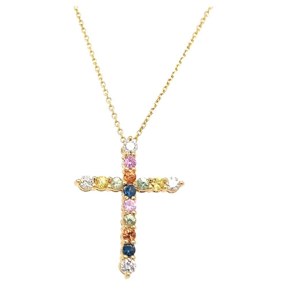 Natural Multi sapphire diamond cross pendant For Sale