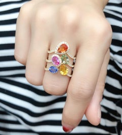 Natural Multi Sapphire and Diamond Ring in 18K Gold, India, New