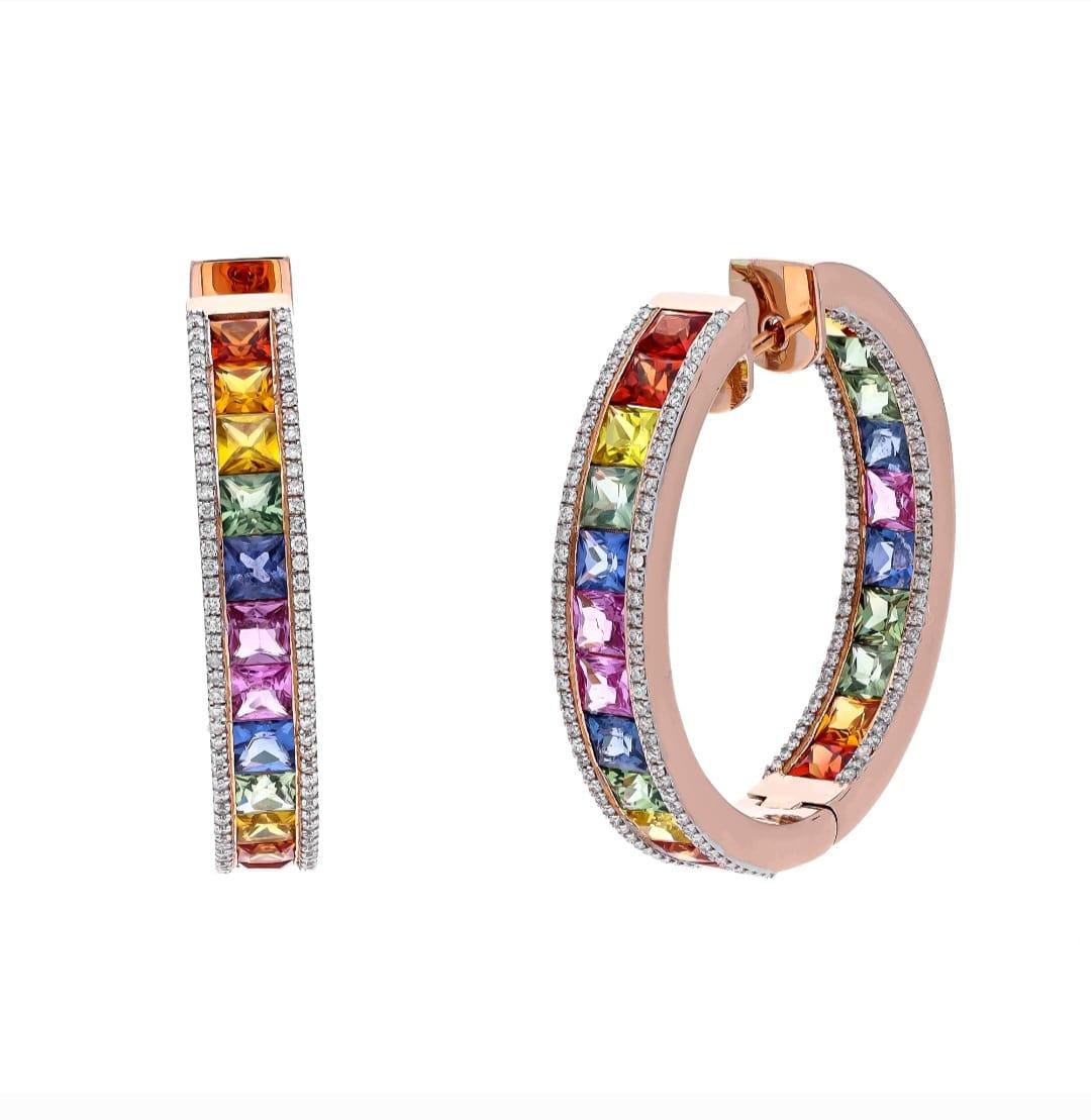 Such a beautiful earrings which has multi colors so it can match with your any outfit.  

diamonds ;
1.03 carats 
multi sapphire ( 12.82 carats)
gold ( 22.78 gms)



It’s very hard to capture the true color and luster of the stone, I have tried to