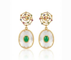 Designer 14K Gold Multi Sapphire, Emerald & White Topaz Earrings