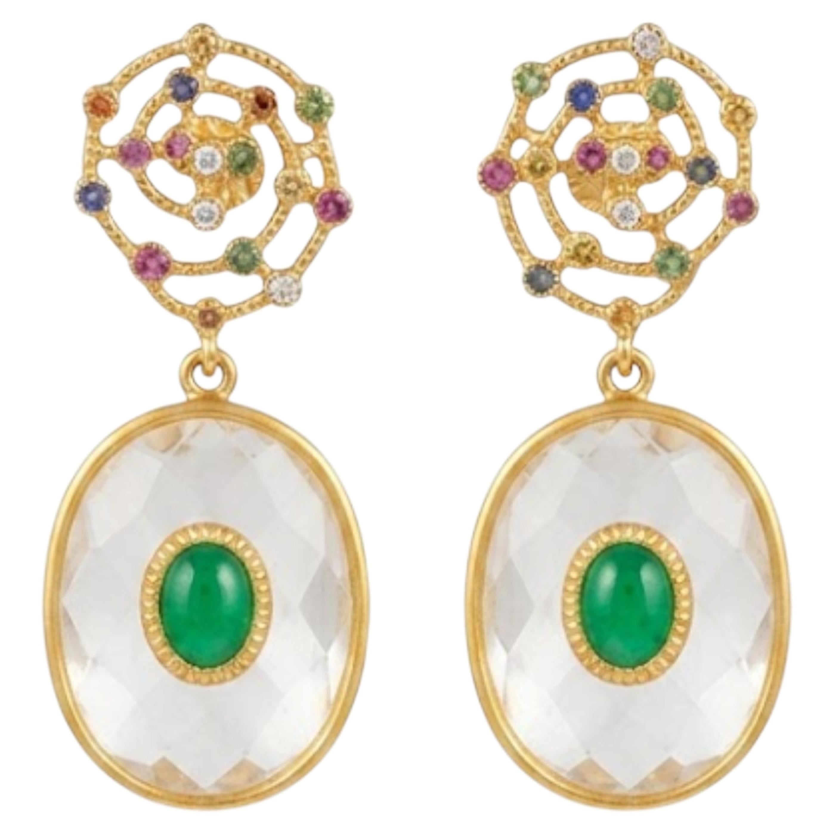 Natural Multi Sapphire, Emerald, & White Topaz Earring in 14k Gold