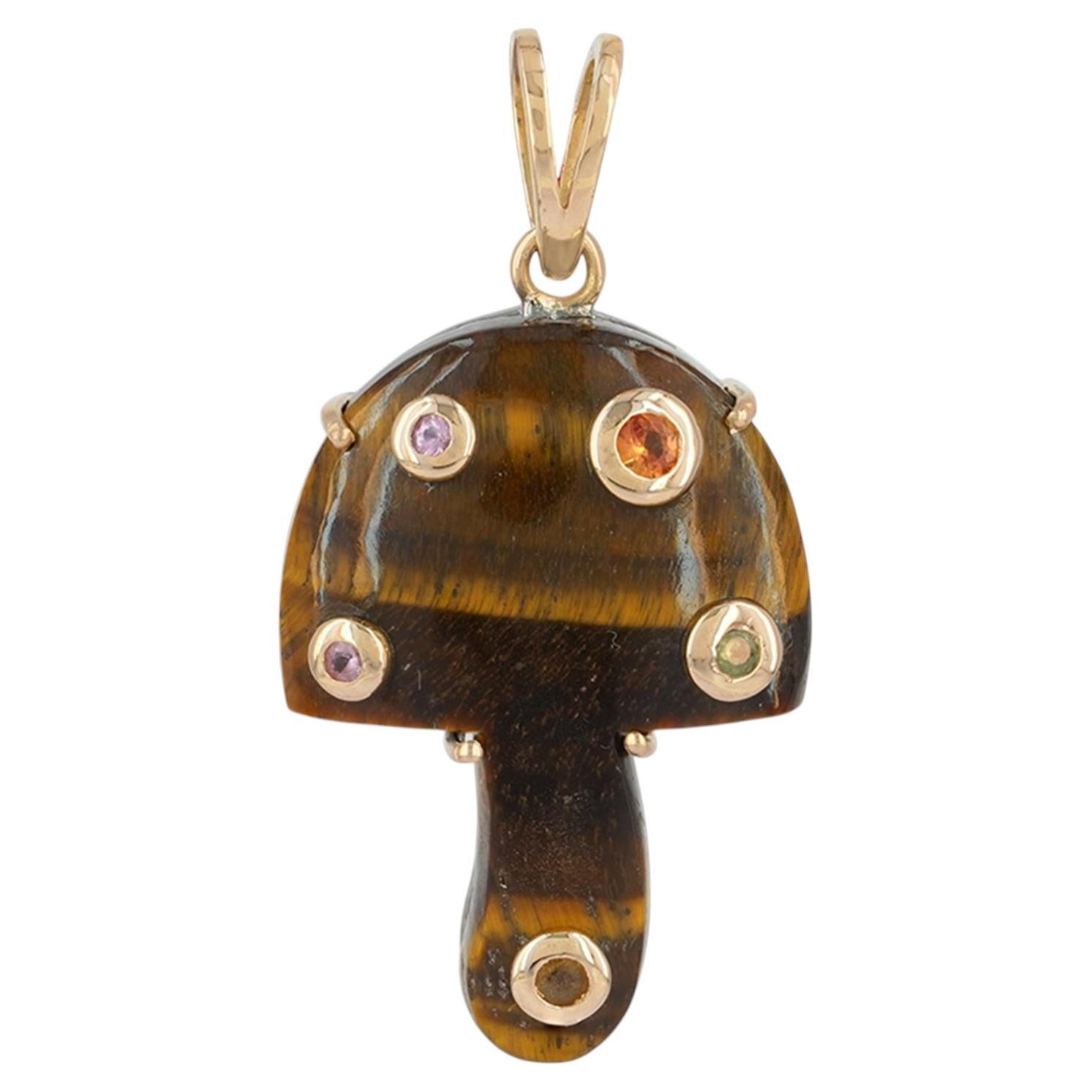 Colgante de ojo de tigre con forma de seta, de oro amarillo macizo de 14k, con gemas naturales de zafiro multicolor