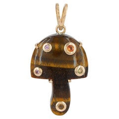 Natural Multi Sapphire Gems Solid 14k Yellow Gold Tiger's Eye Mushroom Pendant