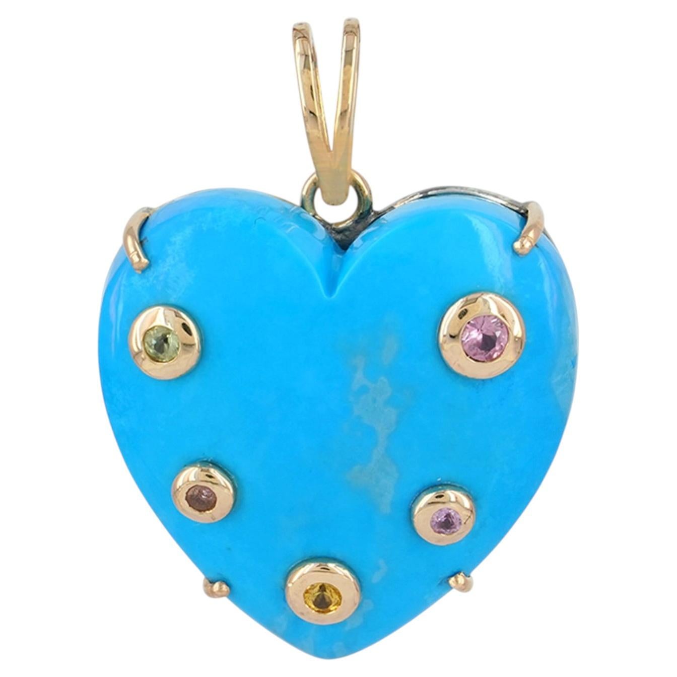 Pendentif en forme de cœur en or jaune massif 14 carats, orné de saphirs naturels multicolores et d'un charme en turquoise