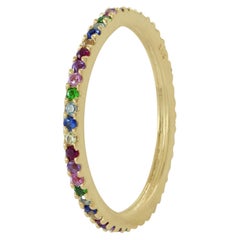 Natural Multi Sapphire Gemstone Band Solid 14k Yellow Gold Jewelry Stacking Ring