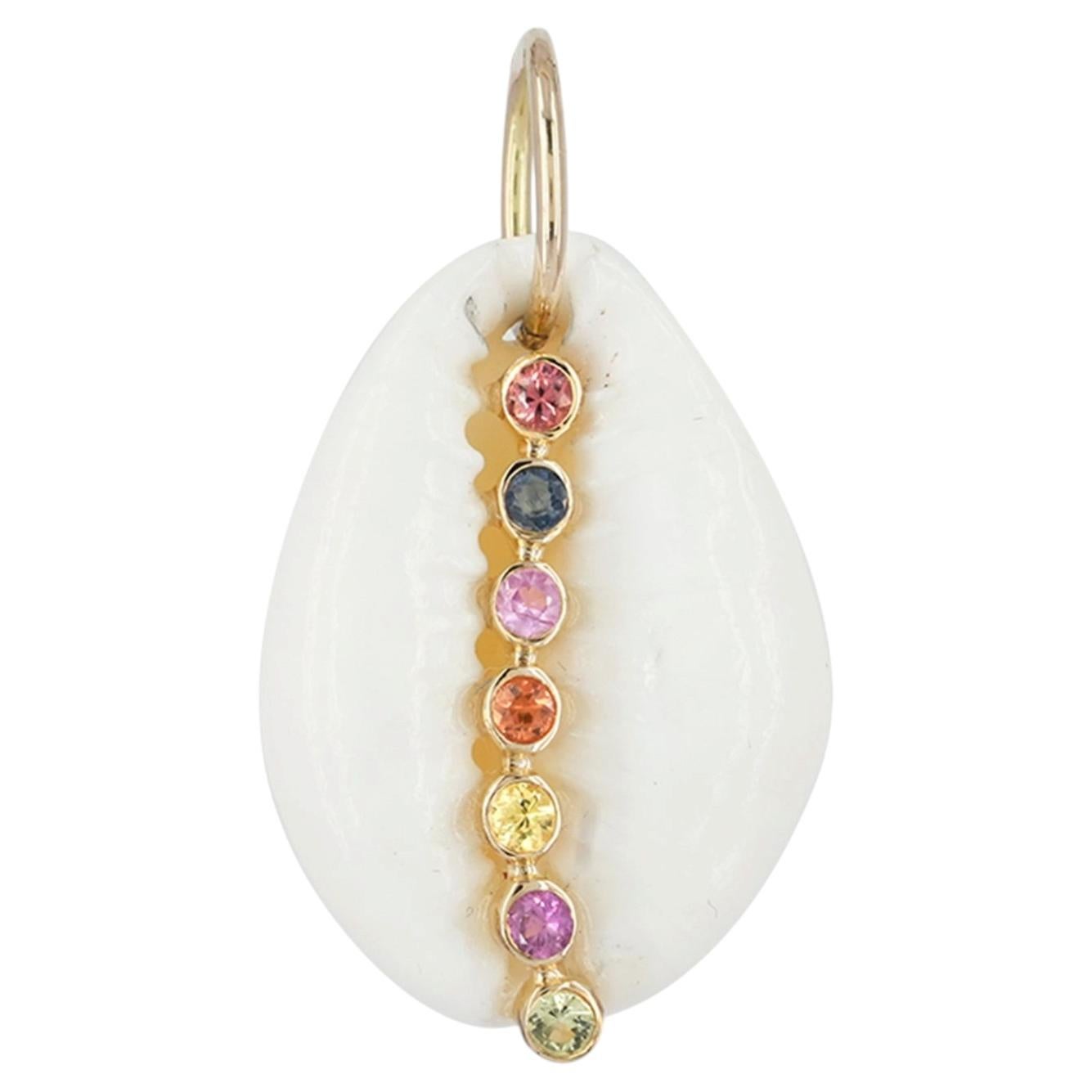 Natural Multi Sapphire Gemstone Solid 14k Yellow Gold Jewelry Sea Shell Pendant