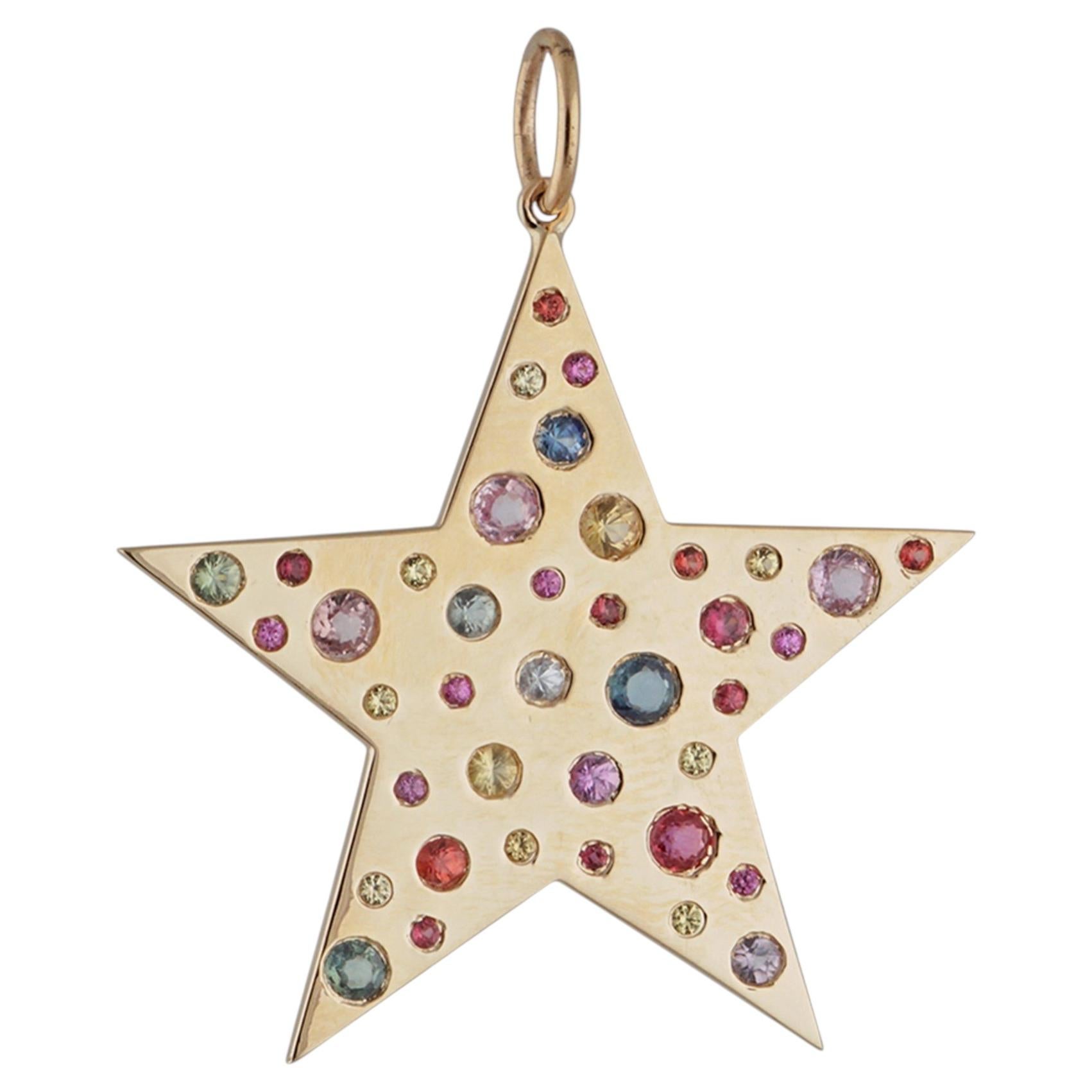 Natural Multi Sapphire Gemstone Solid 14k Yellow Gold Star Charm Gift Pendant For Sale