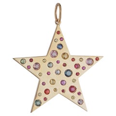 Natural Multi Sapphire Gemstone Solid 14k Yellow Gold Star Charm Gift Pendant