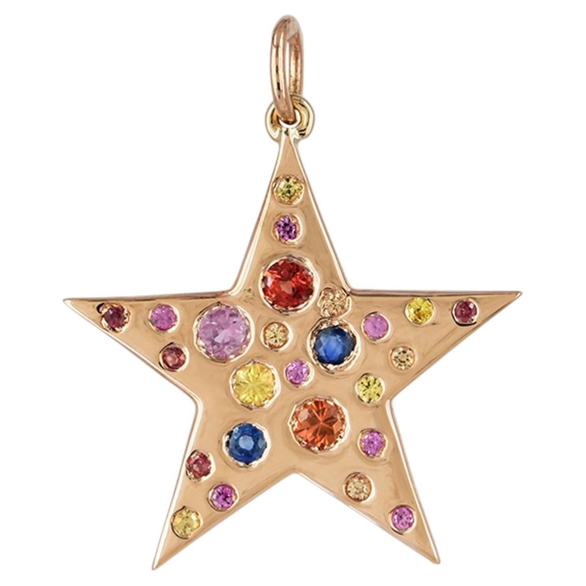 Natural Multi Sapphire Gemstone Solid 14k Yellow Gold Star Charm Pendant Jewelry For Sale