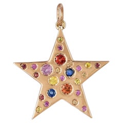 Natural Multi Sapphire Gemstone Solid 14k Yellow Gold Star Charm Pendant Jewelry