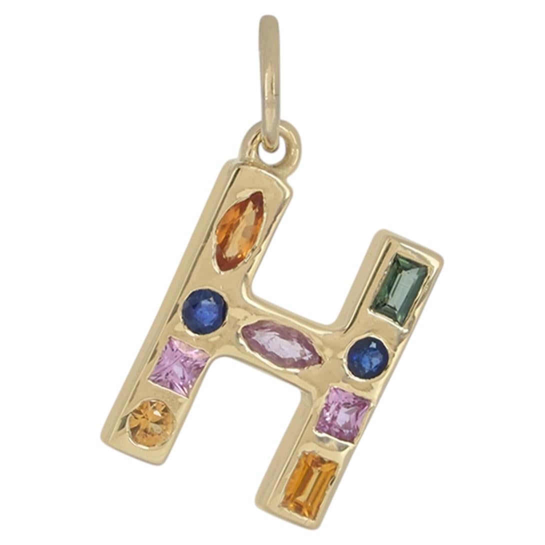 Handmade Natural Multi-Sapphire H Alphabet Unisex Pendant 14K Yellow Gold For Sale